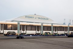 Bombardier's FLEXITY Streetcar offloaded at the Port of Tacoma on the way to transfer to special truck trailer