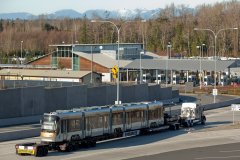 Bombardier FLEXITY Streetcar heads North on I-5 to the Canadian Border. This one-of-a-kind haul is 174 feet in length, complete with police escort.