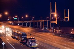 Bombardier FLEXITY Streetcar heads over the Alex Fraser Bridge en route to Vancouver.